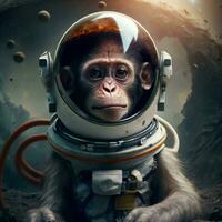 scimmia su pianeta nel astronauta completo da uomo foto