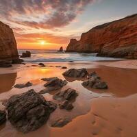 estetico tramonto Visualizza nel tropicale spiaggia sabbie mare acqua fluente ai generato foto