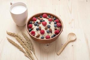 ingredienti sani per la colazione sul tavolo di legno, concetto di cibo sano