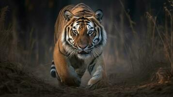 un' Bengala tigre, catturato a metà passo, suo nerboruto muscoli in piedi su sotto suo luminoso pelliccia foto