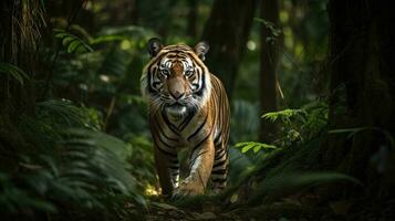 un' Bengala tigre, lo stalking suo preda nel il cuore di il giungla foto