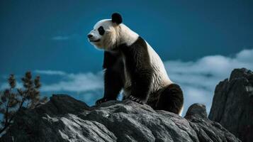 un' gigante panda, arroccato alto su un' roccioso montagna picco, suo ricco nero e bianca pelliccia in piedi su contro il azzurro blu di il cielo foto