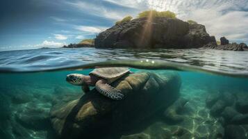 un' galapagos tartaruga crogiolarsi nel il sole su un' roccioso affioramento, circondato di un' cristallino oceano foto