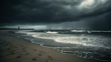 un' desolato spiaggia durante tempesta foto