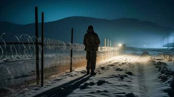 un' solitario soldato in piedi guardia a un' confine inviare durante un' gelido inverno notte foto