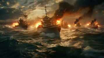 un' militare Immagine di un' navale battaglia, Due navi da guerra scambiare fuoco nel il Aperto mare, onde Crashing contro il scafi, buio nuvole su il orizzonte, evidenziazione il caos e distruzione foto