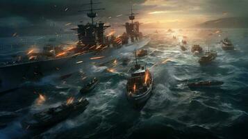 un' militare fotorealistico Immagine di un' navale battaglia, Due navi da guerra scambiare fuoco nel il Aperto mare, onde Crashing contro il scafi, buio nuvole su il orizzonte, evidenziazione il caos e distruzione di foto