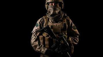 esercito soldato nel combattere uniformi con assalto fucile, piatto vettore e combattere casco, con un' shemagh kufiya sciarpa su il suo collo contro un' buio sfondo foto