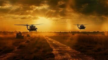 militare e elicottero truppe su il modo per il campo di battaglia a tramonto foto