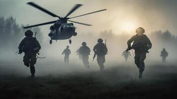 militare soldati siamo in esecuzione per il elicottero nel il campo di battaglia. in mezzo il polvere e caos di il campo di battaglia, il soldati caricare in direzione il elicottero con incrollabile messa a fuoco foto