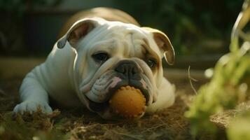 un' bulldog masticazione su un' masticare giocattolo nel il cortile foto