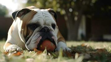 un' bulldog masticazione su un' masticare giocattolo nel il cortile foto