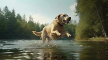 un' labrador cane da riporto immersione in un' lago per andare a prendere un' bastone foto