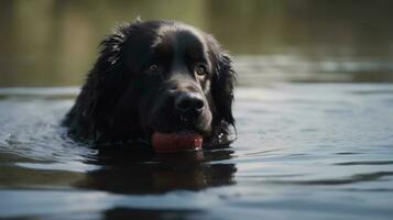 un' Terranova cane nuoto nel un' lago per recuperare un' galleggiante giocattolo foto
