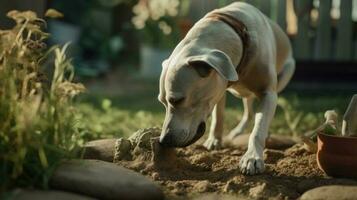 un' cane interramento un' osso nel il Giardino dietro la casa foto