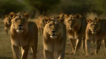 un' orgoglio di leoni stabilendo suo territorio nel il savana foto