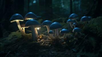 un Vettore di bioluminescente funghi illuminazione su il foresta pavimento foto