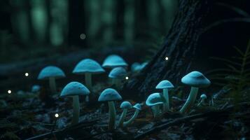 un Vettore di bioluminescente funghi illuminazione su il foresta pavimento foto