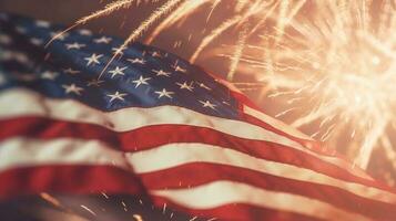 un' dinamico Immagine di fuochi d'artificio scoppiando nel il notte cielo, con il americano bandiera agitando con orgoglio nel il primo piano, ai generato foto