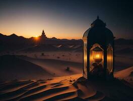 ornamentale Arabo lanterna con ardente candela raggiante a notte. musulmano santo mese Ramadan kareem foto