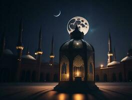 ornamentale Arabo lanterna con ardente candela raggiante a notte. musulmano santo mese Ramadan kareem foto