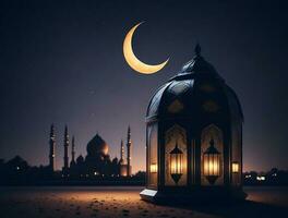 ornamentale Arabo lanterna con ardente candela raggiante a notte. musulmano santo mese Ramadan kareem foto