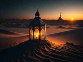 ornamentale Arabo lanterna con ardente candela raggiante a notte. musulmano santo mese Ramadan kareem foto