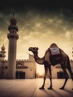 eid al adha mubarak saluto con cammello e moschea, eid mubarak ai generativo foto