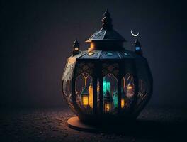 ornamentale Arabo lanterna con ardente candela raggiante a notte. musulmano santo mese Ramadan kareem foto