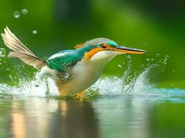 femmina martin pescatore emergente a partire dal il acqua con un' verde sfocato sfondo generato di ai foto