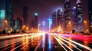 futuristico notte paesaggio urbano vivace grattacieli e dinamico energia ai generato foto