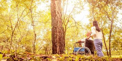 posteriore del nonno felice in sedia a rotelle che si rilassa e cammina con la nipote all'aperto al parco. stile di vita felice della famiglia. foto