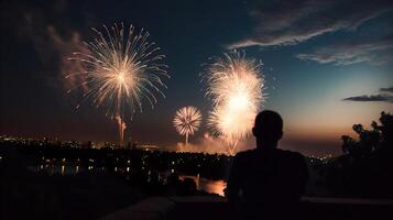 generativo ai, gruppo di persone festeggiare 4 ° di luglio con fuochi d'artificio e bandiere foto