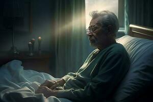 ritratto di un vecchio uomo seduta nel letto a notte con il suo occhi chiuso ai generato foto