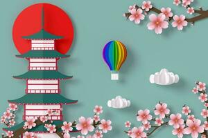 Giappone tempio con rosso sole carta stile, 3d interpretazione foto