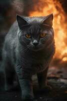 Britannico corto capelli grigio gatto con acuto occhi e freddo nel davanti di fuoco sfondo ,generativo ai foto