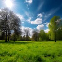 Visualizza primavera natura con un' ordinatamente rifilato prato circondato di alberi ,generativo ai foto