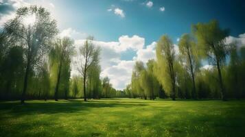 Visualizza primavera natura con un' ordinatamente rifilato prato circondato di alberi ,generativo ai foto