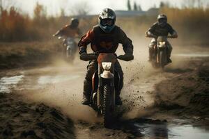 motocross gara nel fangoso sporco arena ,generativo ai foto