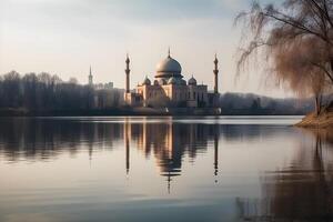 Visualizza di il magnifico moschea a partire dal il bordo di il lago ,generativo ai foto