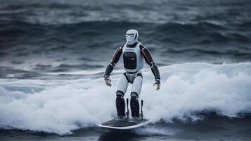 umanoide robot è fare surf nel il mare ,generativo ai foto