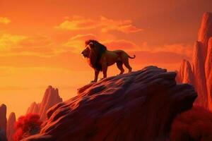 ai generato 3d cartone animato maestoso Leone in piedi su un' roccioso affioramento con un' ardente rosso tramonto nel il sfondo. foto