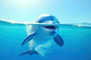 ai generato 3d cartone animato giocoso delfino saltare su di cristallo chiaro turchese acqua con un' luminosa blu cielo nel il sfondo. foto