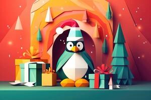 ai generato festivo pinguino indossare un' Santa cappello e seduta su un' regalo incartato presente nel davanti di un' accogliente il camino, colorato carta arte. foto