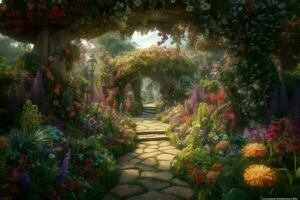 ai generato magico giardino nel pieno fioritura, con vibrante, fantastico fiori e impianti in crescita nel ogni direzione. foto