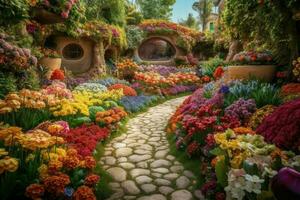 ai generato magico giardino nel pieno fioritura, con vibrante, fantastico fiori e impianti in crescita nel ogni direzione. foto