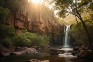 ai generato maestoso cascata a Alba, con un' a cascata foglio di acqua immergendosi in un' sereno piscina circondato di lussureggiante vegetazione e roccioso scogliere. foto