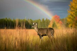 ai generato tranquillo, calmo prato a mezzogiorno, con un' cervo pascolo nel il alto erba e un' vivace arcobaleno inarcando attraverso il cielo. foto