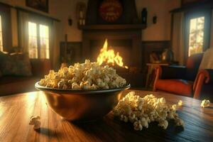 ai generato salato Popcorn traboccante a partire dal un' Vintage ▾ ciotola su un' di legno caffè tavolo nel un' accogliente vivente camera con un' ruggente fuoco nel il sfondo. foto