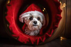 ai generato carino cane nel un' Santa costume emerge a partire dal un' portale, pronto per diffusione Natale allegria. foto